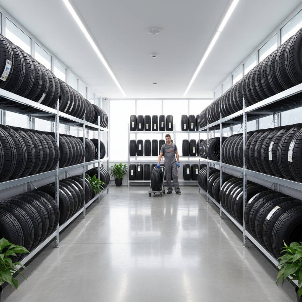 Bild von Gen-KI: Reifenlager in moderner Reifen-Shop mit ordentlich gestapelten neuen Autoreifen